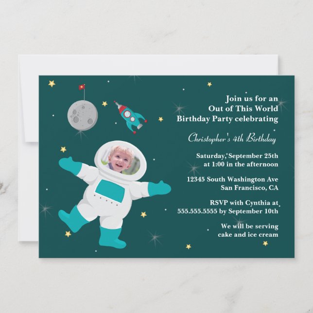 Space astronaut photo birthday party invitation (Front)