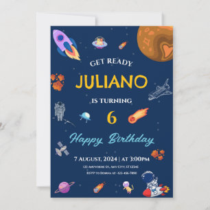 Space Astronaut Planet and Stars Watercolor Invitation