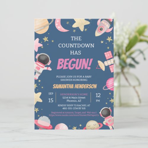 Space Astronaut Planet Comet Pink Baby Girl Shower Invitation