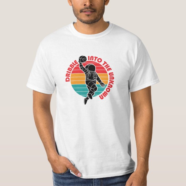 Space Astronaut Playing Basketball Colorful Strips T-Shirt (Front)