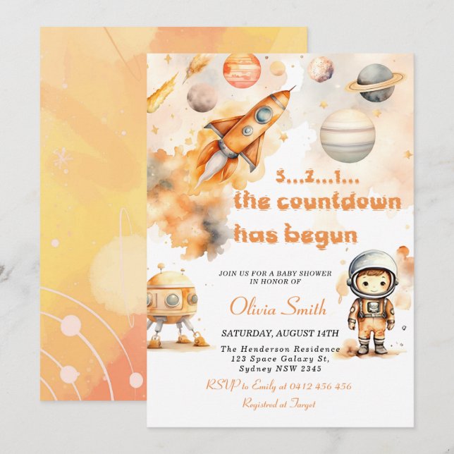 Space Astronaut Rocket Planets Boy Baby Shower Invitation (Front/Back)