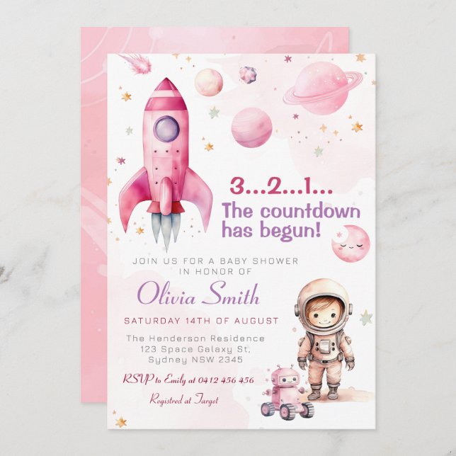 Space Astronaut Rocket Planets Girl Baby Shower Invitation (Front/Back)