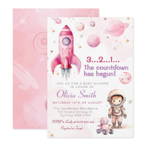 Space Astronaut Rocket Planets Girl Baby Shower Invitation