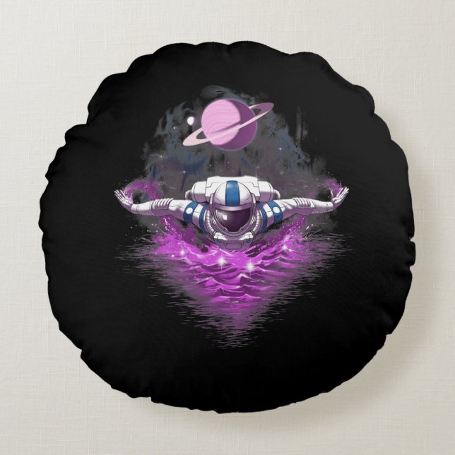 Space Astronaut Swimming Round Pillow (Front)