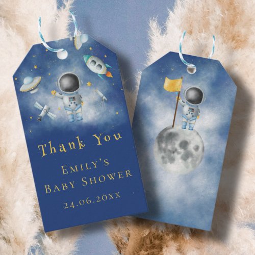 Space baby Astronaut Boy rockets blue galaxy stars Gift Tags
