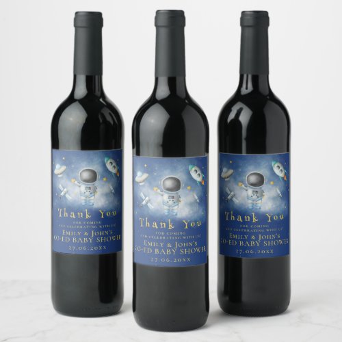 Space baby Astronaut Boy rockets stars Baby Shower Wine Label