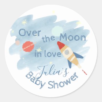 Space Baby Shower Over The Moon Classic Round Sticker by happygotimes at Zazzle