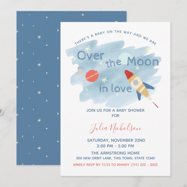 Space Baby Shower Over the Moon Invitation (Front/Back)