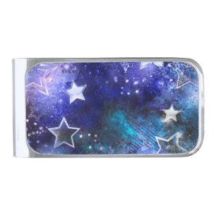 Space Background with Stars Silver Finish Money Clip