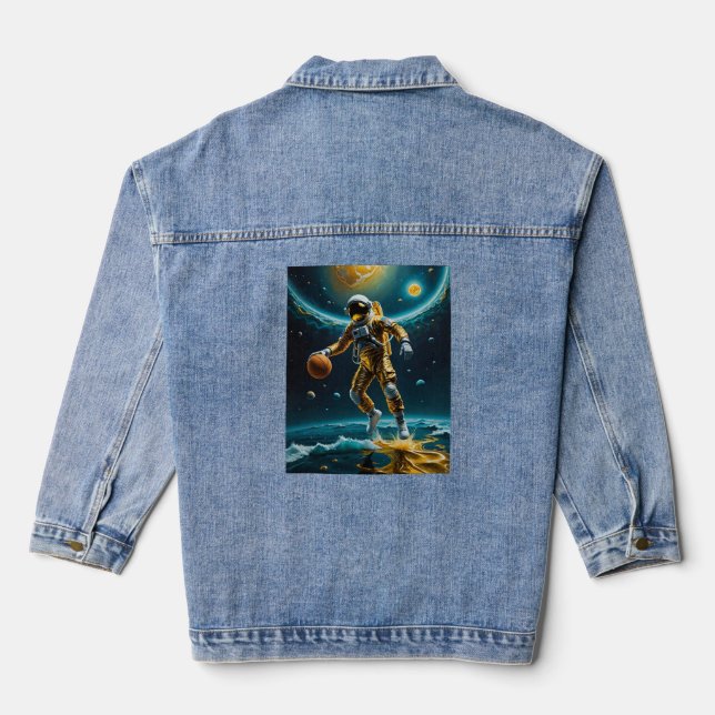 Space Basketball Astronaut Floating on Gold Tee Denim Jacket (Back)