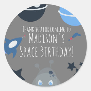 Space Birthday Alien Themed Blue Gray Classic Round Sticker