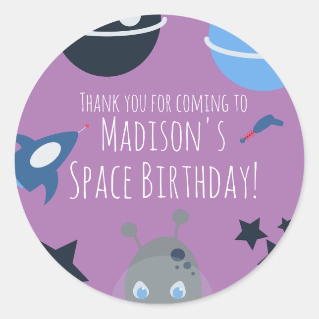 Space Birthday  Alien Themed Blue Purple Classic Round Sticker (Front)