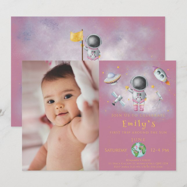 Space Birthday girl Astronaut rocket stars Party I Invitation (Front/Back)