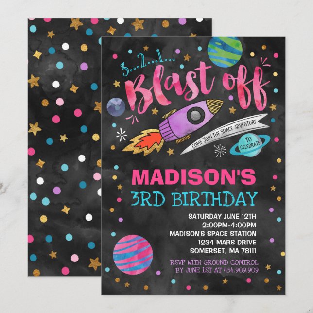 Space Birthday Invitation Outer Space Party (Front/Back)