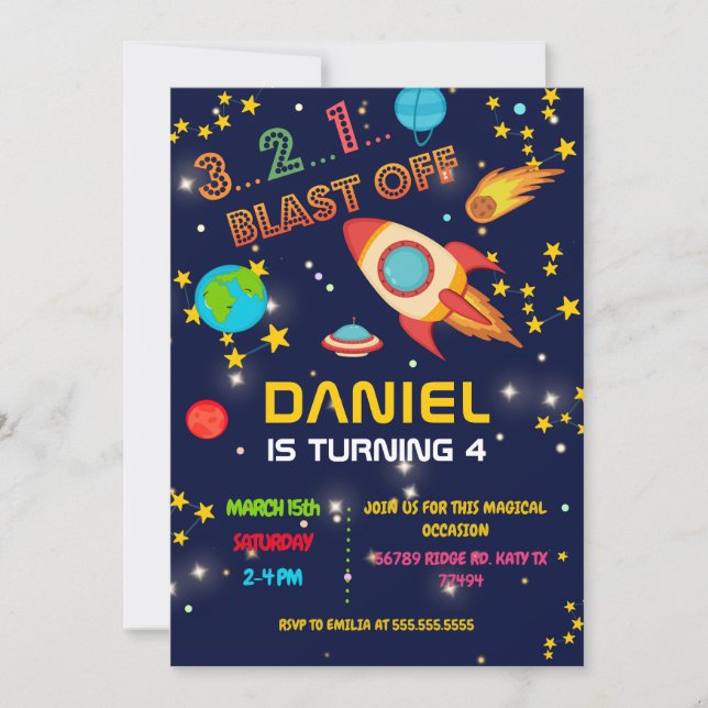 Space Birthday Party Blast Off Invitation (Front)
