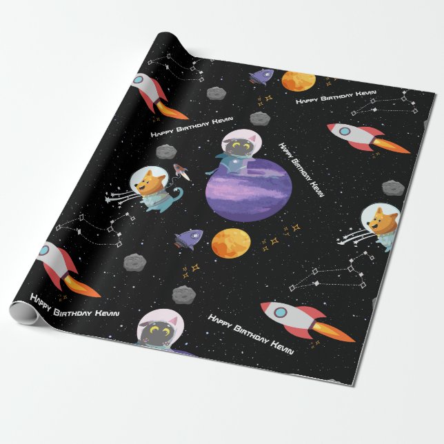 Space Birthday Party, Custom Text Wrapping Paper (Unrolled)