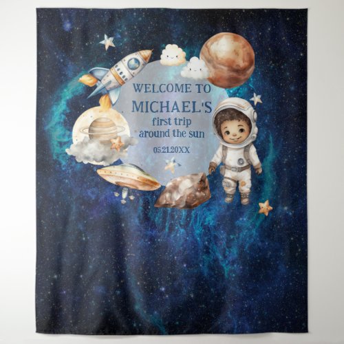 Space Birthday Party First Trip Around The Sun Boy Tapestry