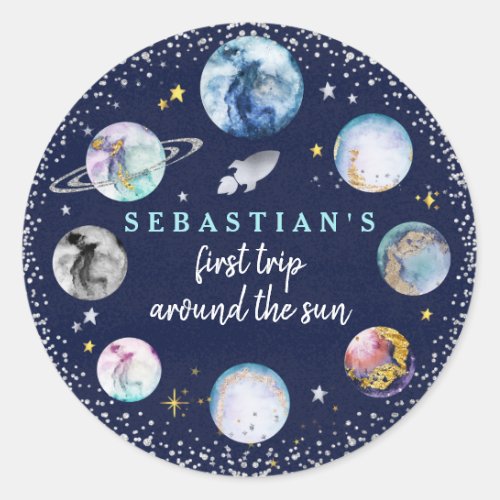 Space Birthday Party  First Trip Around The Sun  Classic Round Sticker