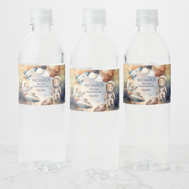 Space Birthday Party First Trip Around The Sun  Water Bottle Label (Bottles)