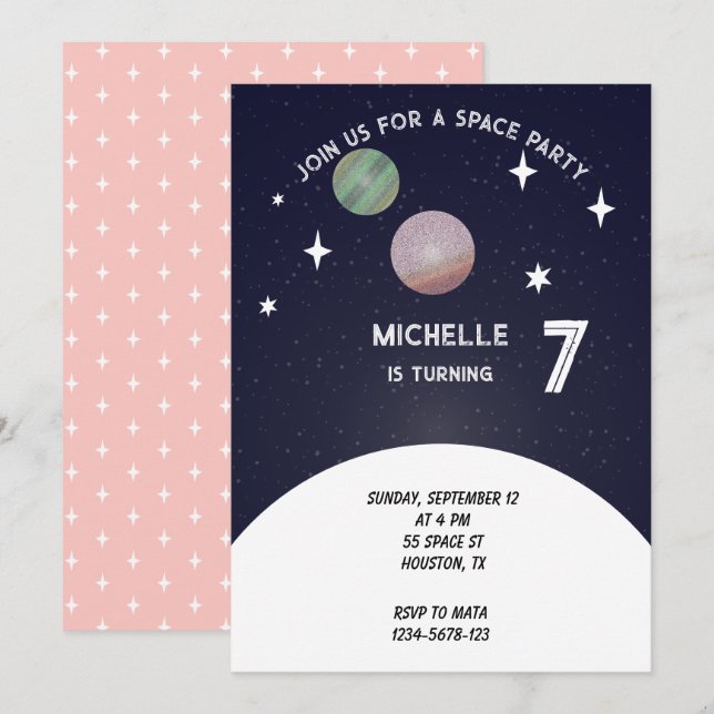 Space Birthday party In Pink Invitation (Front/Back)