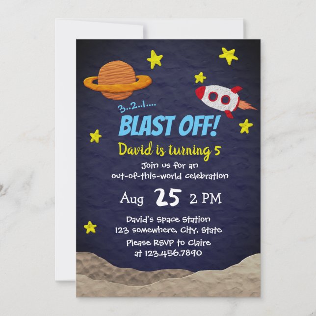 Space Birthday Party Rocket Ship Blast Off Invitation (Front)