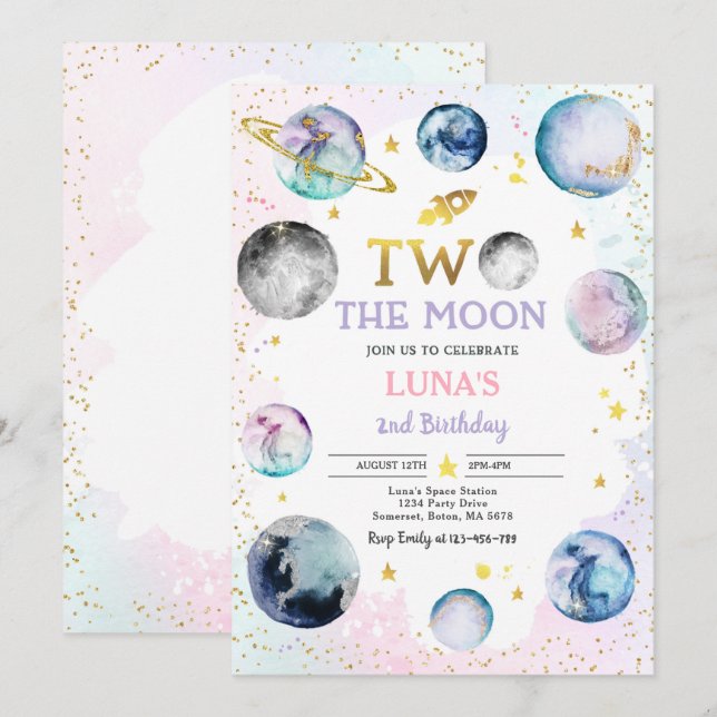 Space Birthday Party Two The Moon 2nd Birthday Invitation (Front/Back)