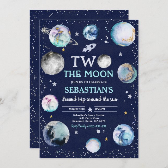 Space Birthday Party Two The Moon Boy 2nd Birthday Invitation (Front/Back)