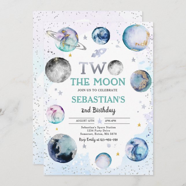 Space Birthday Party Two The Moon Boy 2nd Birthday Invitation (Front/Back)