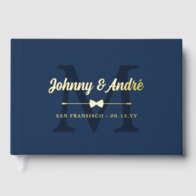 Space Blue Gold Bowtie Monogram Gay Wedding Foil Guest Book (Front)
