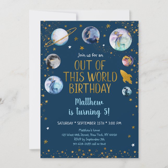 Space Blue Gold Out Of This World Birthday Invitation (Front)