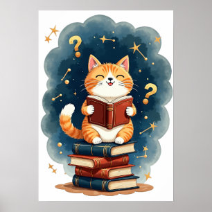 Space Book Lover Cat Reading Constellation Dark Ac Poster