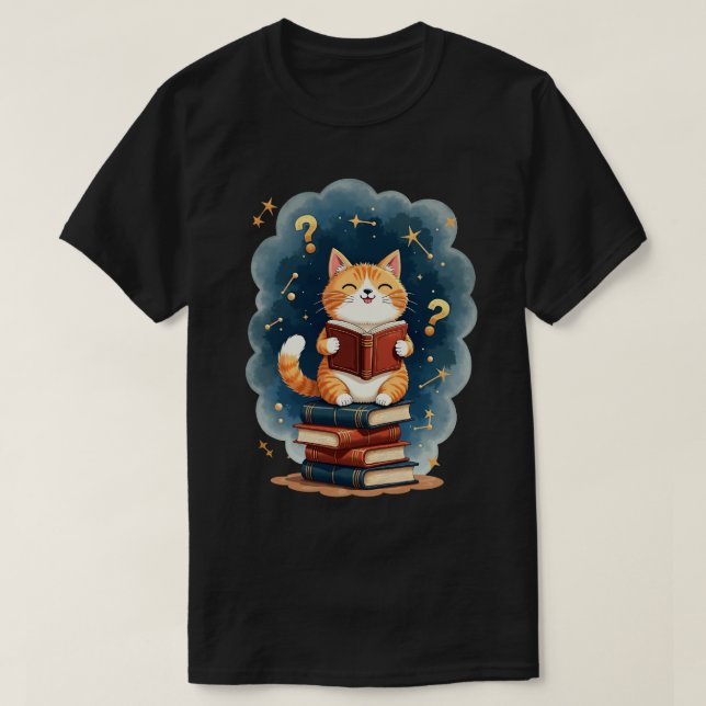 Space Book Lover Cat Reading Constellation Dark Ac T-Shirt (Design Front)