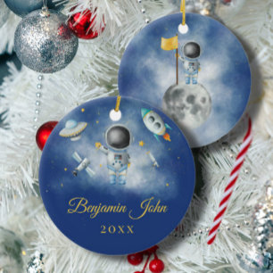 Space Boy Gold Galaxy Moon Stars rocket UFO Throw Ceramic Ornament