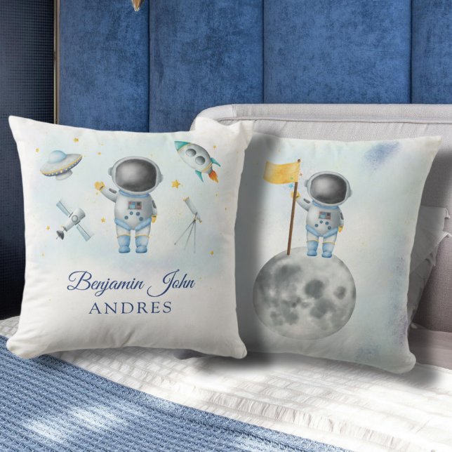 Space Boy Gold Galaxy Moon Stars rocket UFO Throw  Pillow (Creator Uploaded)