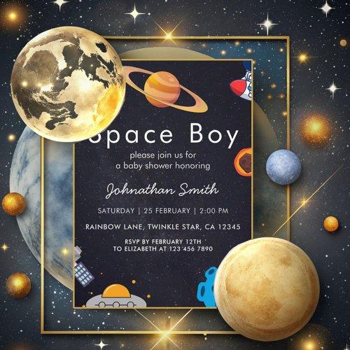 Space Boy Planets Cute Astronaut Baby Shower Invitation