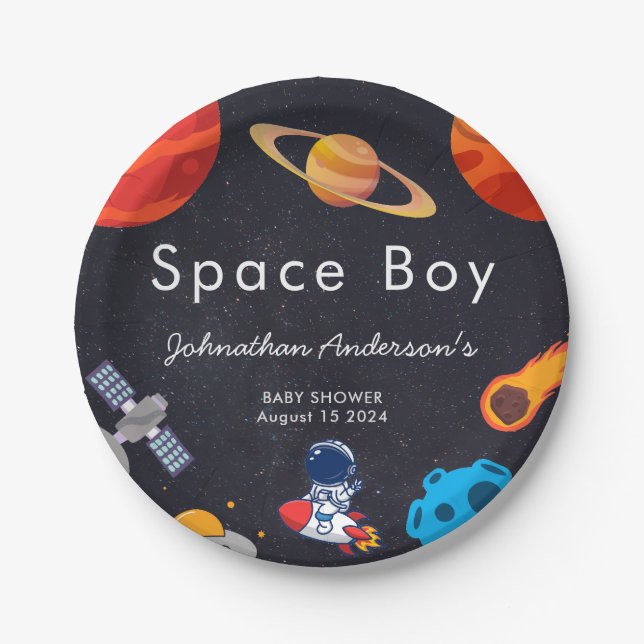 Space Boy Planets Cute Astronaut Baby Shower Paper Plates (Front)
