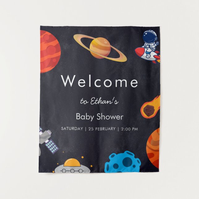 Space Boy Planets Cute Astronaut Baby Shower Tapestry (Front)