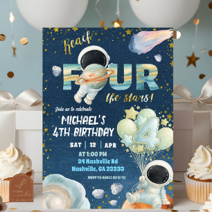 Space Boy reach FOUR the stars 4th Birthday Invita Invitation