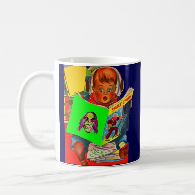 space cadet boy reading sci fi book coffee mug (Left)