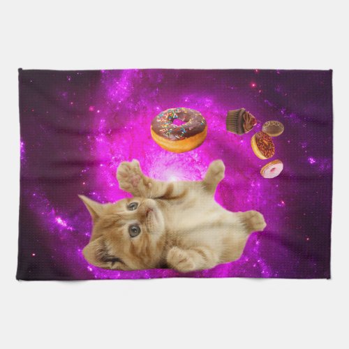 Space cat and the flying donuts kitchen towel