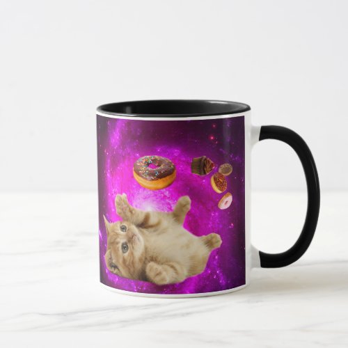 Space cat and the flying donuts mug