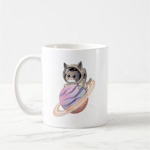 Space Cat Astronaut with Planet Saturn Coffee Mug