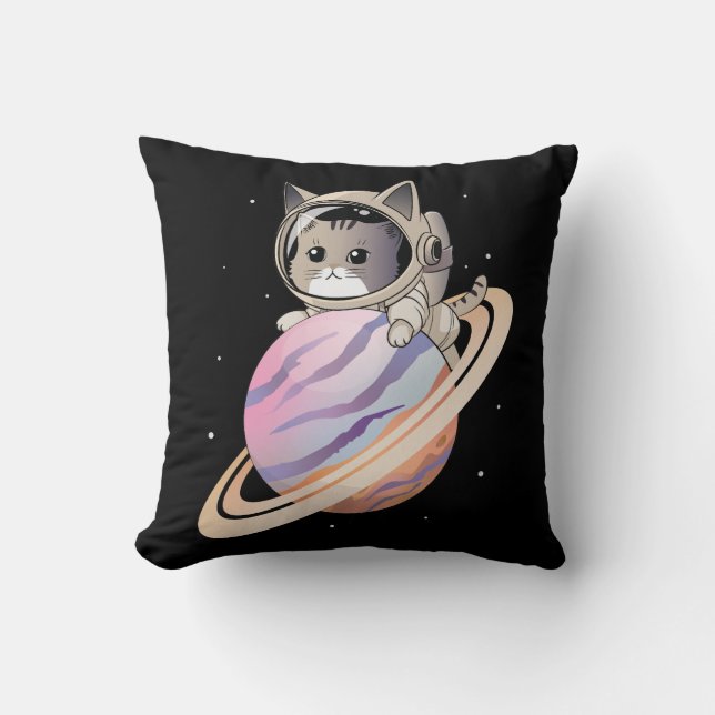 Space Cat Astronaut with Planet Saturn Throw Pillow (Front)