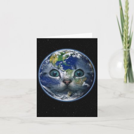 Space Cat Earth Blank Greeting Card