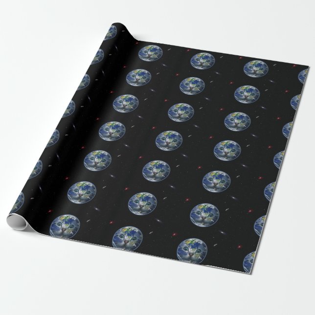 Space Cat Earth Wrapping Paper (Unrolled)