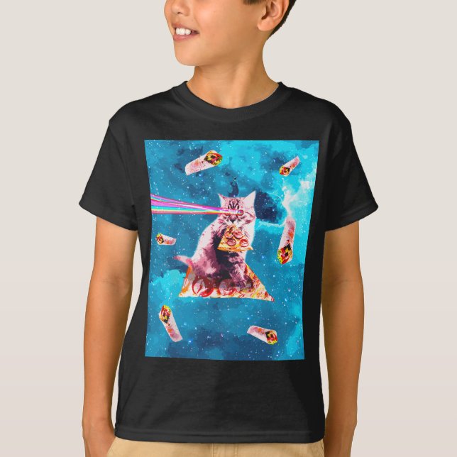 Space Cat Eating Pizza - Rainbow Laser Eyes, Burri T-Shirt (Front)
