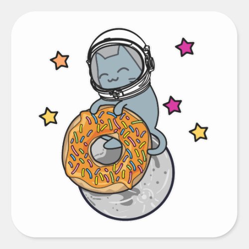 Space Cat Holding Donut Cute Cartoon Style Graphic Square Sticker
