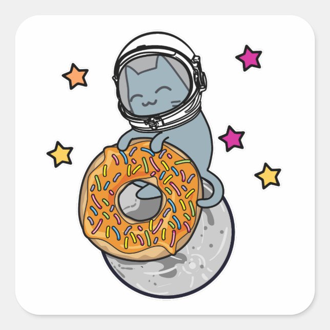 Space Cat Holding Donut Cute Cartoon Style Graphic Square Sticker (Front)