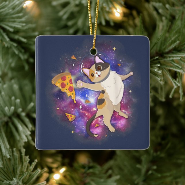Space Cat Kitten Astronaut Funny Pizza Mars Alien  Ceramic Ornament (Tree)