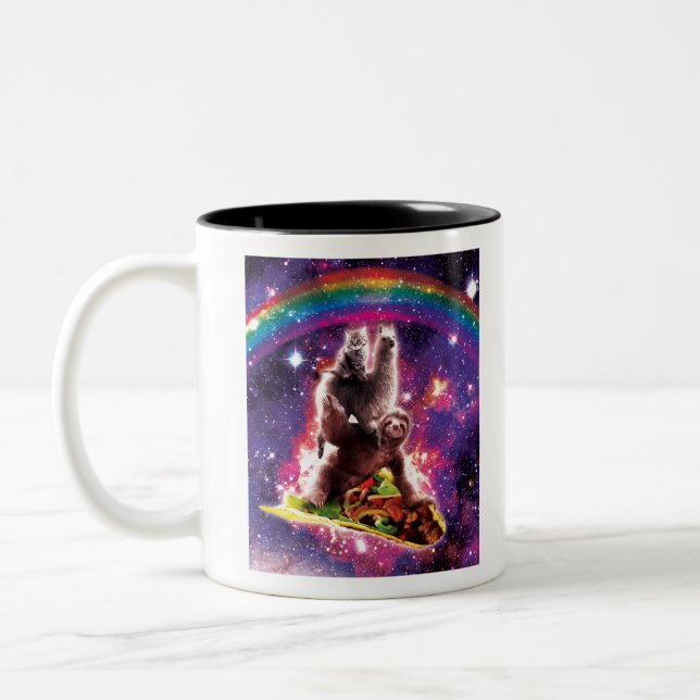 Space Cat Llama Sloth Riding Taco Two-Tone Coffee Mug (Left)